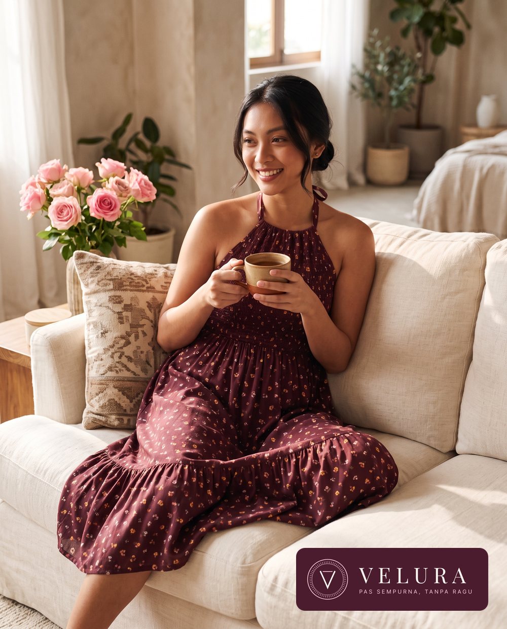 Perempuan bersantai di sofa cream memakai dress rayon merah marun motif bunga, memegang cangkir teh, dengan logo Velura di pojok