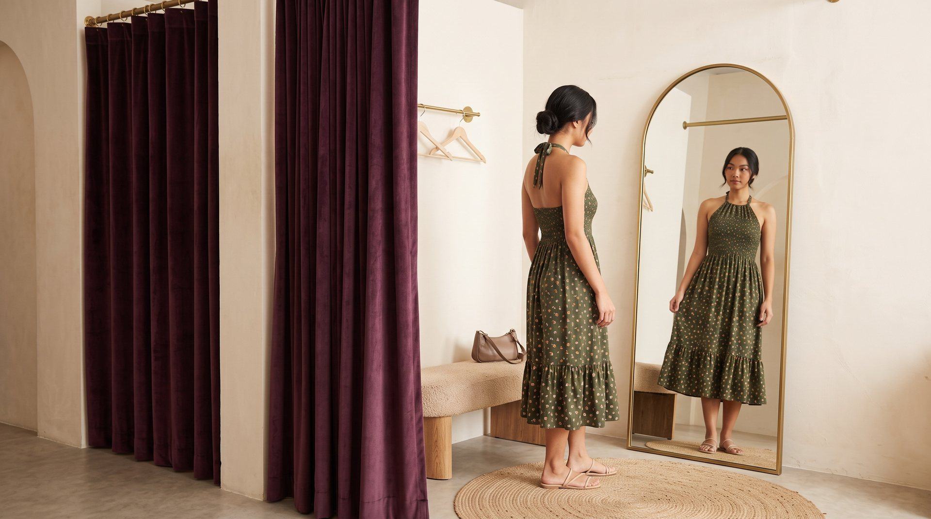 Perempuan mencoba Sekar Halter Dress hijau zaitun di depan cermin lengkung ruang ganti butik