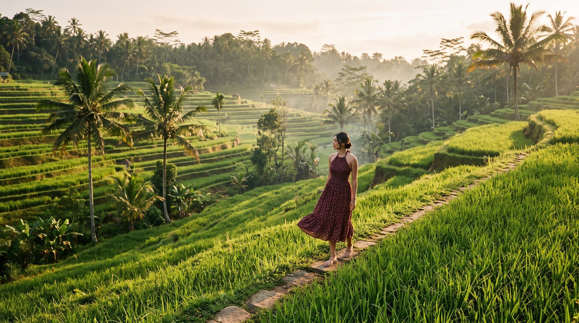 Perempuan memakai Sekar Halter Dress merah marun berjalan di sawah terasering Bali saat senja